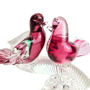 Murano Somerso Oball Art Glass Birds On Branch Clear W/red/green Interior Signed